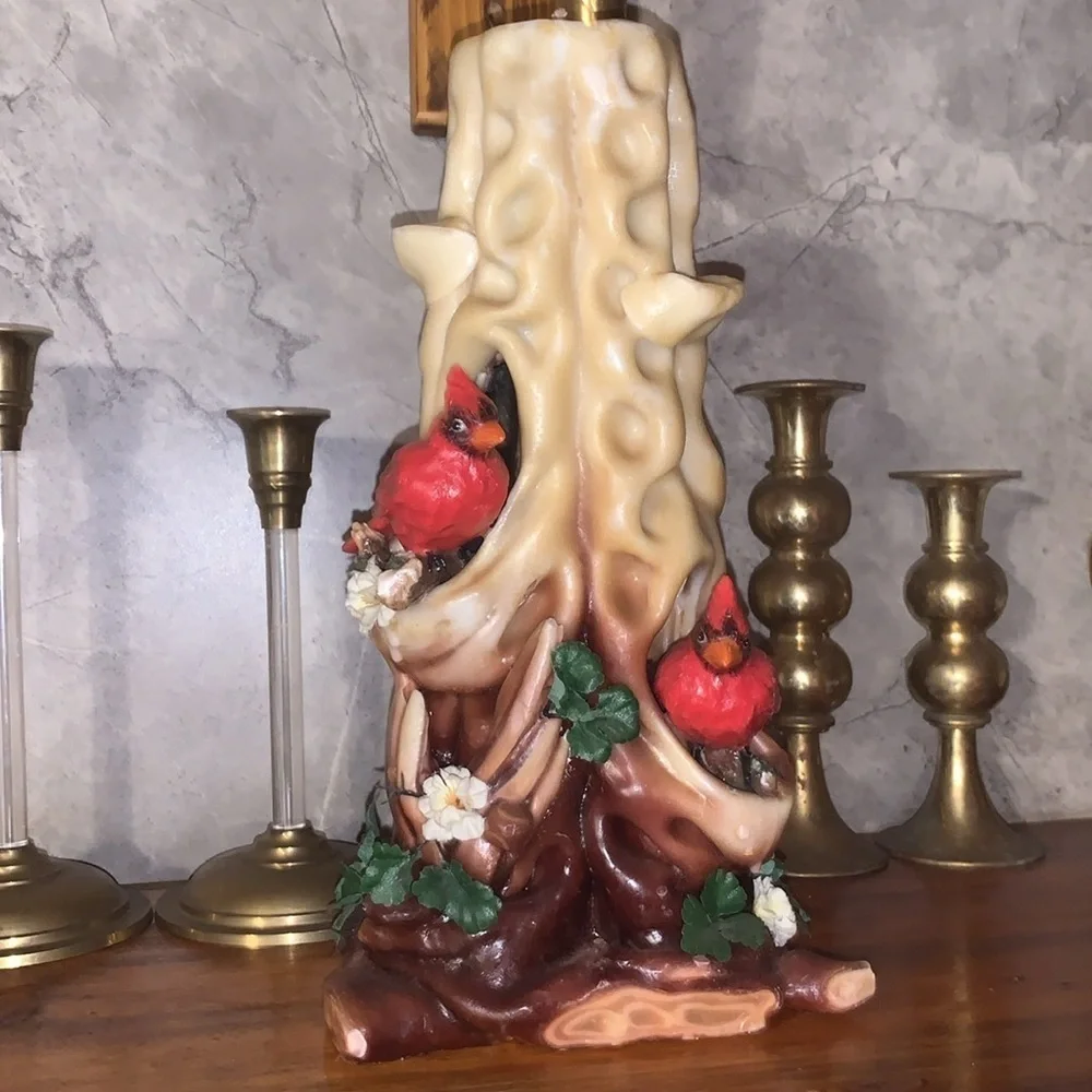 Vintage 1970s Hand Carved Wax Candle Sculpture With Cardinals Holiday Winter - Picture 13 of 17